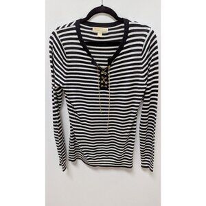 Michael Kors Black/White/Gold Striped Lace-Up Sweater